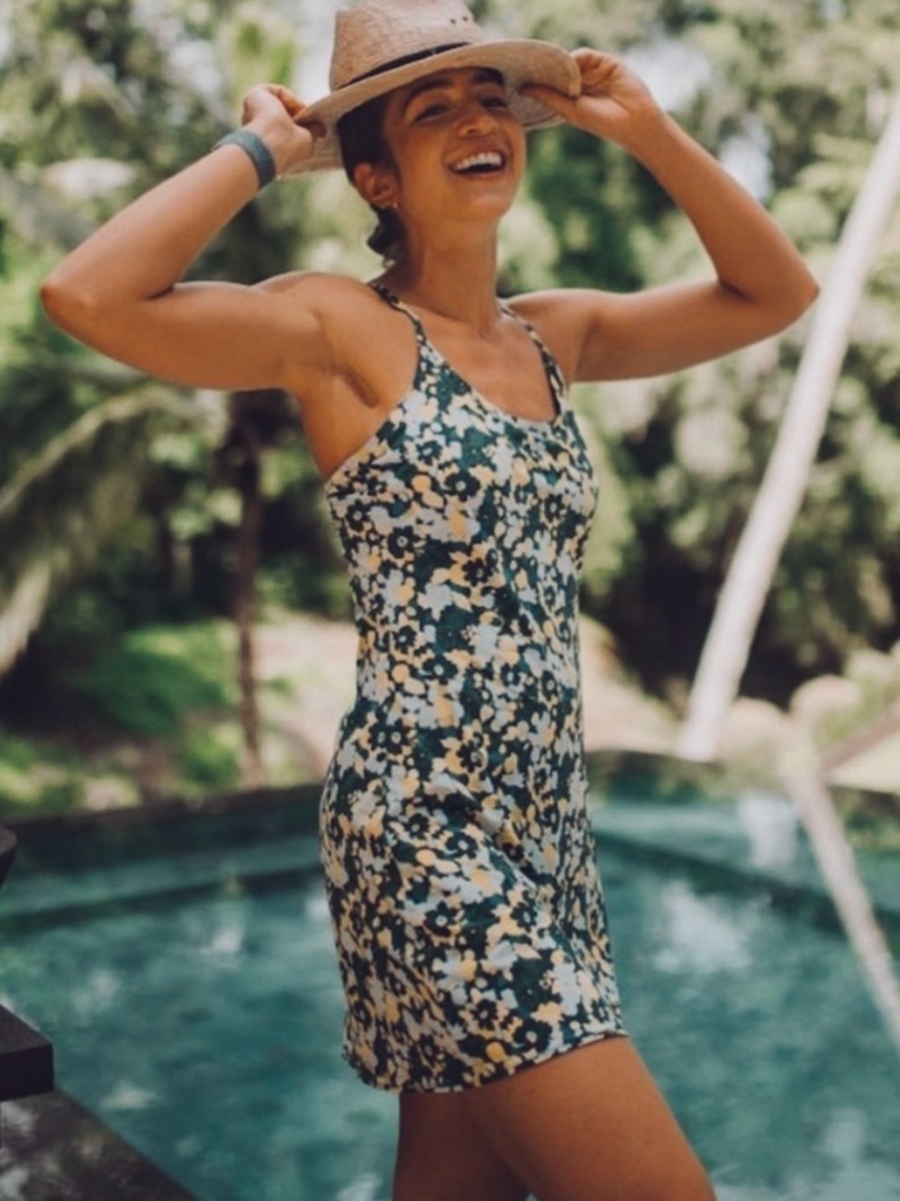OUTDOOR VOICES Exercise Dress in the "Mineral Blooms" Floral, navy and yellow